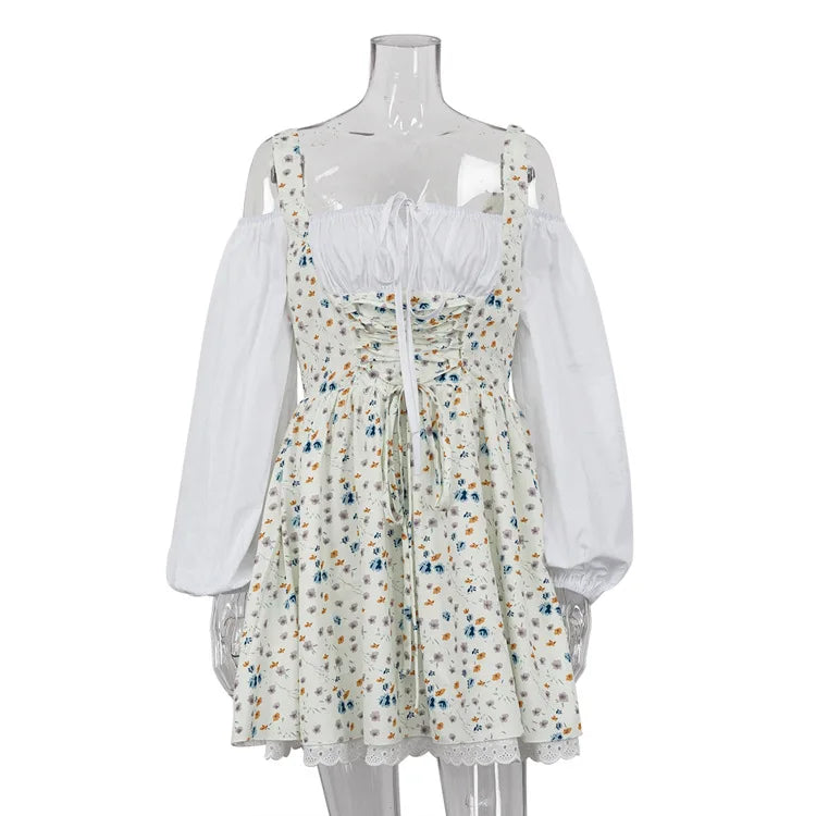 New Puff Sleeve Patchwork Print Dresses Sexy Spaghetti Strap Lace Up Short Bubble Dresses Women Summer Party Vacation Dress