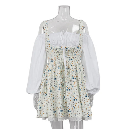 New Puff Sleeve Patchwork Print Dresses Sexy Spaghetti Strap Lace Up Short Bubble Dresses Women Summer Party Vacation Dress