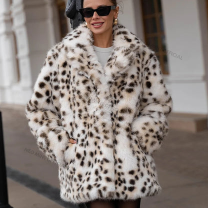 Exclusive Long Brown Leopard Fox Fur Coat Women Winter  New Luxury Hot Brand Fashion Girls Faux Fur Jacket Overcoat