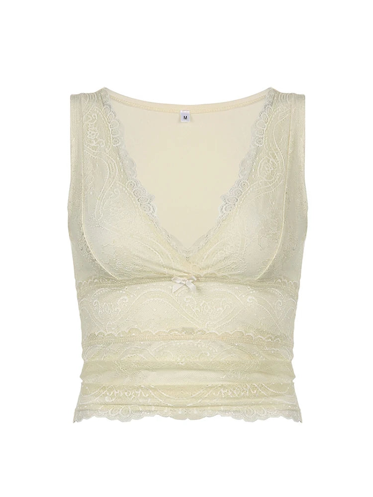 Solid Sleeveless Two Layer Lace V Neck Slim Y2K Crop Top Women Cute Basic Summer Vest