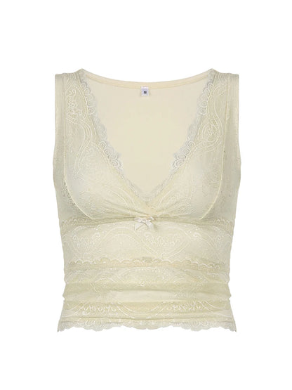 Solid Sleeveless Two Layer Lace V Neck Slim Y2K Crop Top Women Cute Basic Summer Vest