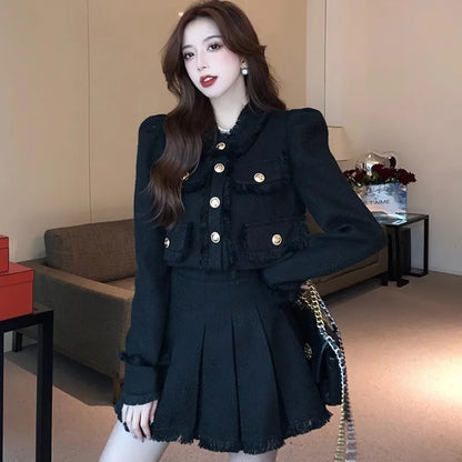 Elegant Tweed Suit 2-piece Skirt Set Autumn Winter New French Style Cropped Jacket Coat Mini Skirt Korean Fashion Female Outfits