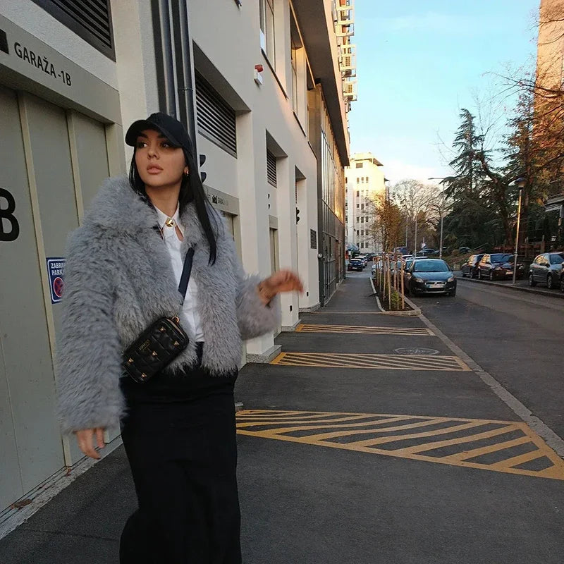 Fluffy Faux Mongolian Fur Coat for Women  Winter Warm Furry Tibetan Sheep Fur Jacket Chic Female Shaggy Overcoat