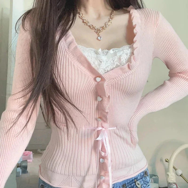 Fairycore Clothing Top y2k Ruffle Lace Patchwork Long Sleeve Knitted T Shirt 2000s Coquette Clothes Streetwear