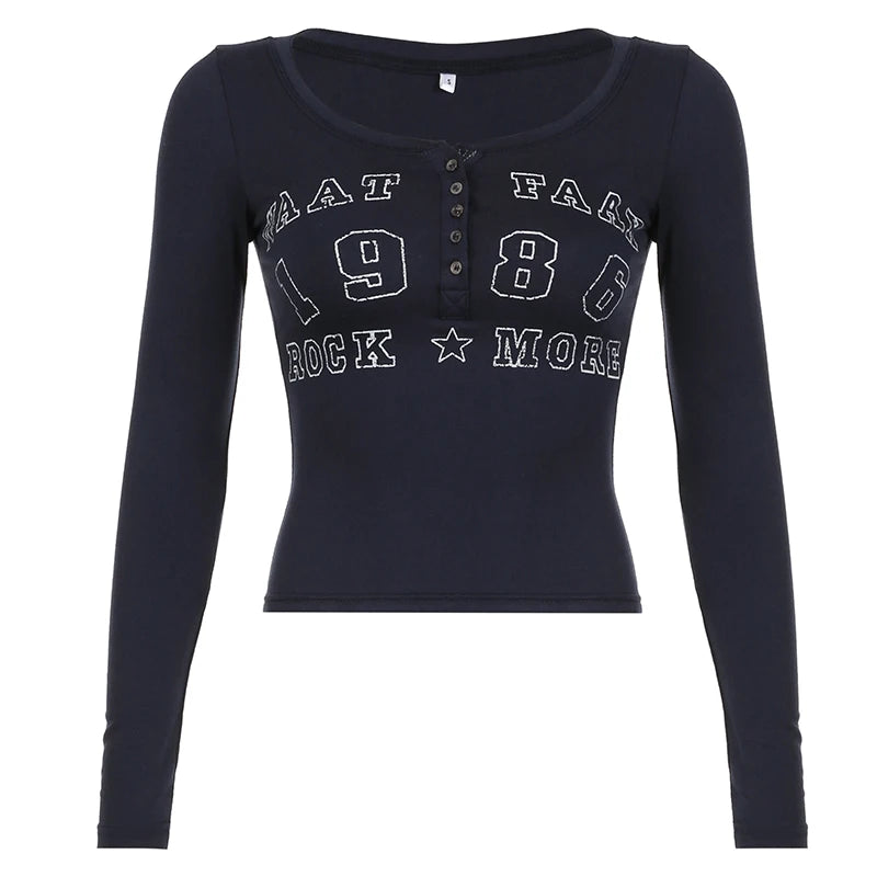 American Retro Letter Print Button V-Neck Shirt Women¡¯s Autumn New Blouse Slim Basic Knitted Top Tees Streetwear Fashio
