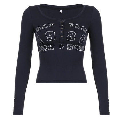 American Retro Letter Print Button V-Neck Shirt Women¡¯s Autumn New Blouse Slim Basic Knitted Top Tees Streetwear Fashio