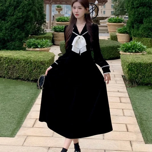Elegant Vintage Lapel Midi Dresses for Women Bow Long Sleeve Birthday Party Dress A-line Autumn New Korean Fashion Vestido Mujer