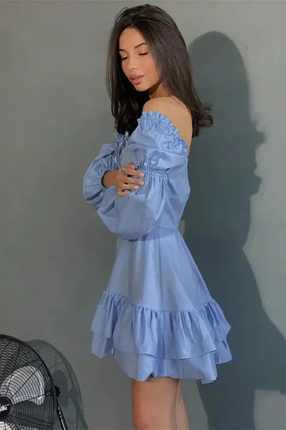 Patchwork Ruffled Mini Dress with Lace-Up Detail