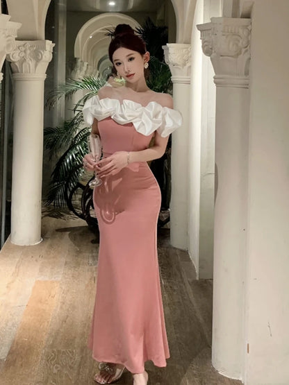 Sexy Bodycon Off Shoulder Party Dress Women  New Slim Waist Patchwork Elegant Lady Fashion Prom Robe Long Vestidos Mujers