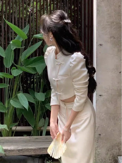 Autumn New Chinese Style Satin 2-Piece Set Vintage Short Blazer High Waist Hip-Wrapped Pencil Skirt Suit Women Luxury Clothing
