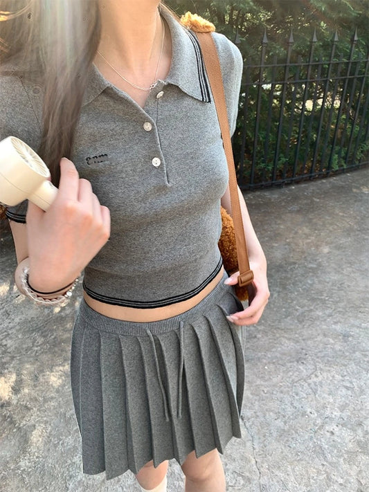 Casual Autumn Knitted Two-piece Skirt Outfits Women Short Sleeve Cropped Top Pleated Mini Skirt Korean Fashion Knitting Set New