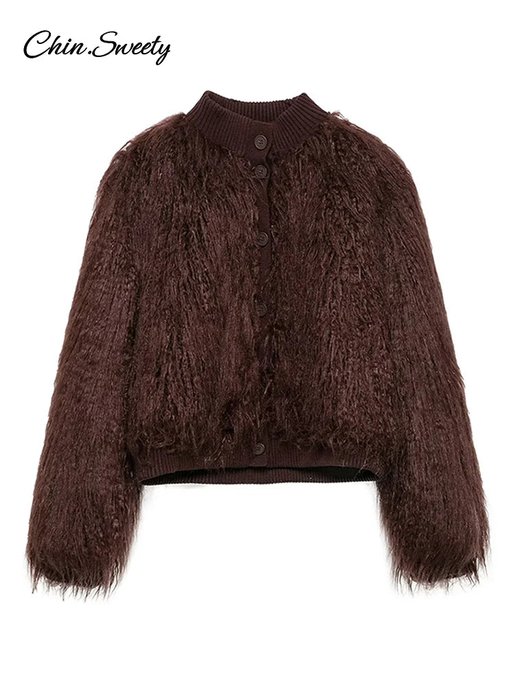 Fashion Burgundy Fur Coats Women Warm Thick O-neck Long Sleeve Loose Jackets Female 2025 Autumn Winter Party Outwear