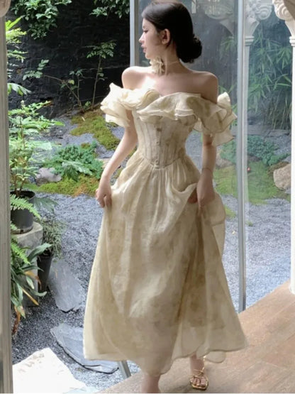 Summer New Floral Midi Dresses for Women Elegant Casual Birthday Party Dress Vintage Chic A-Line Prom Robe Wedding Vestido Mujer