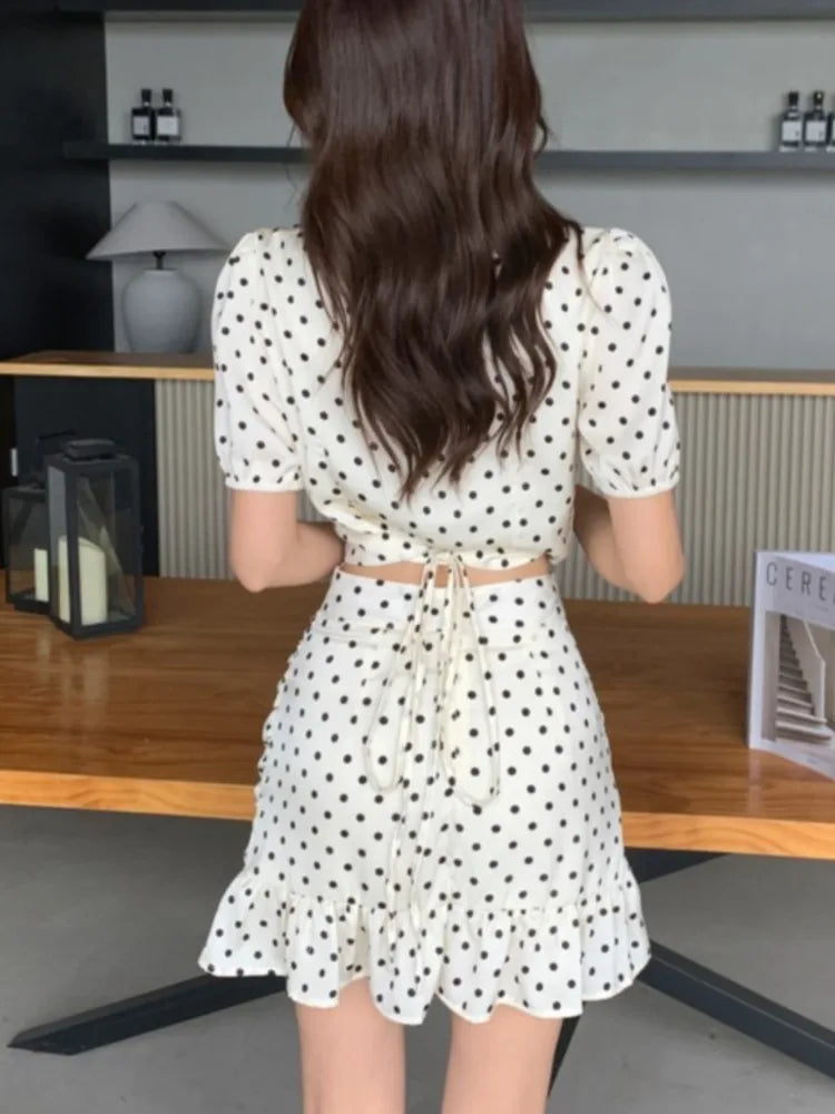 New Summer Two-piece Skirt Set Women Elegant Polka Dot V-neck Cropped Top Bodycon Short Skirt Y2K Sexy Korean Fashion Outfits