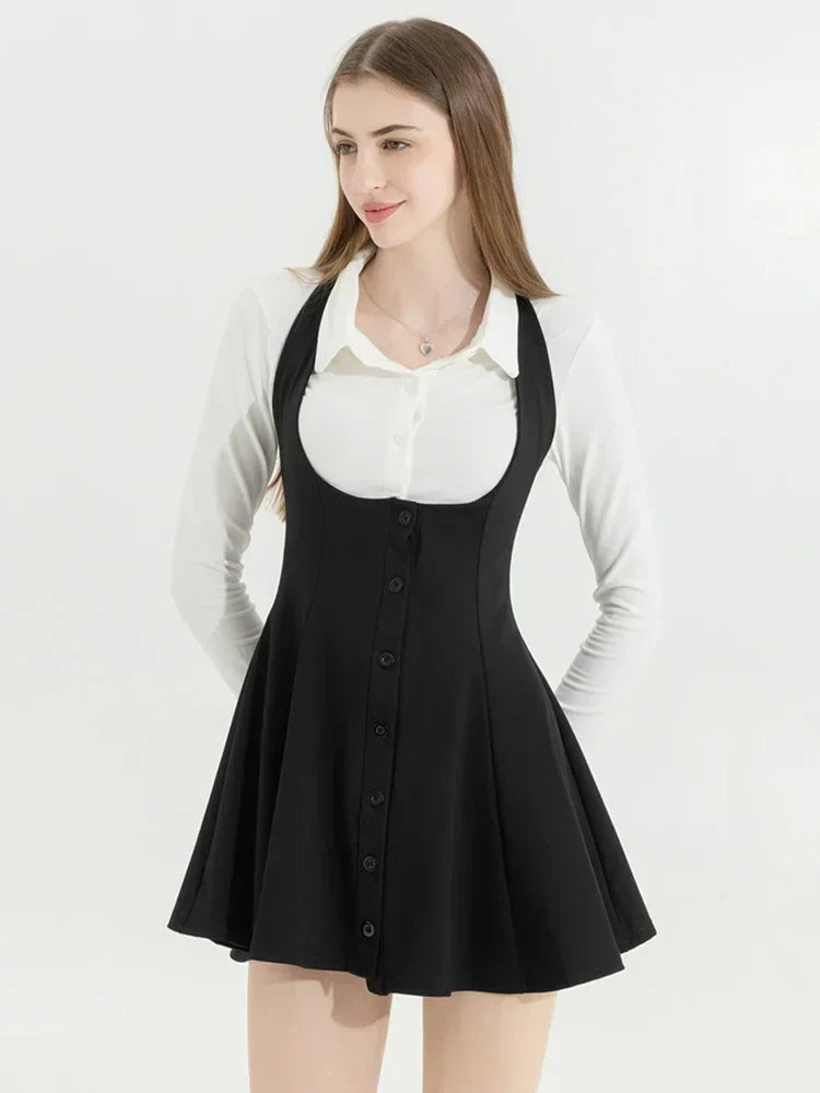 Voguable Korean Y2k Two Piece Sets Outfits Office Skirt Sets Lapel Cardigan Crop Tops + Suspender Mini Skirt Elegant Clothes