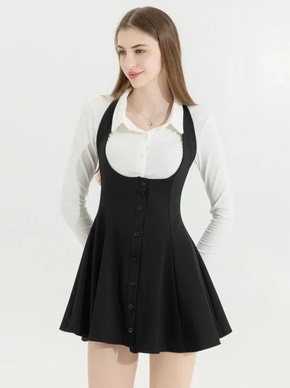 Voguable Korean Y2k Two Piece Sets Outfits Office Skirt Sets Lapel Cardigan Crop Tops + Suspender Mini Skirt Elegant Clothes