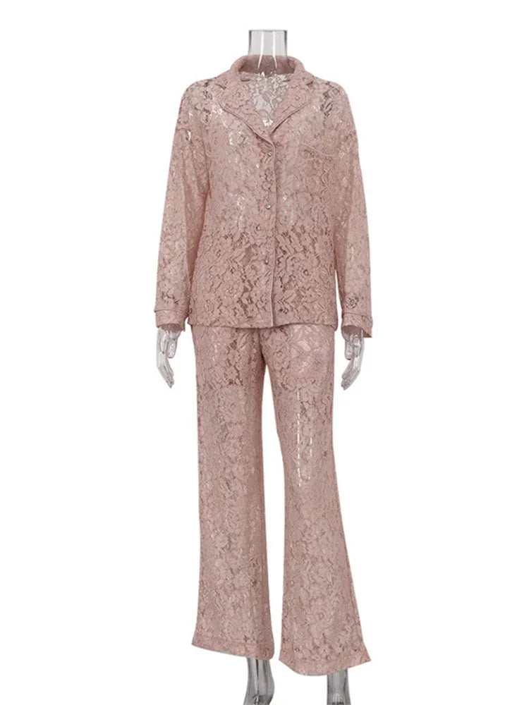 Lace Hollow Out Printed 2 Piece-Set Trousers Female See-Through Sexy See-Through Shirts And Fashion Women&#8217;s Pants Outfits