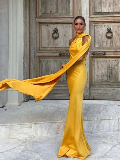 Women Satin Ribbon Halter Party Evening Dress Women Elegant Backless Off Shoulder Sleeveless Long Dresses Fashion Lady Robes