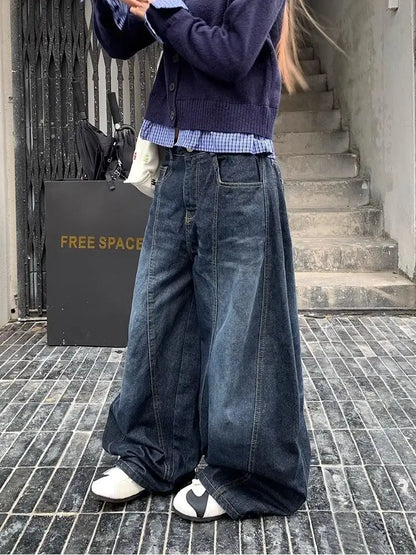 Y2k Letter Embroidery Washed Women Jeans Vintage Harajuku Wide Leg Denim Pants Baggy Gyaru Scimitar Trousers Streetwear