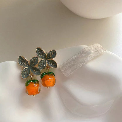 LIZAKOSHT Enamel Resin Persimmon Drop Earrings with Green Leaves for Women