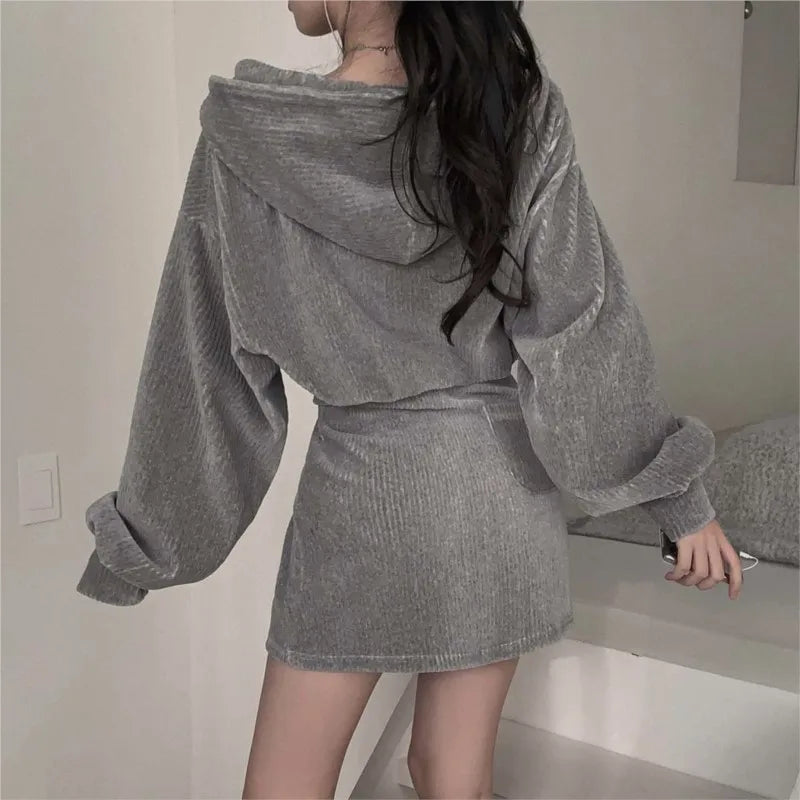 Korean CHic Corduroy Two-piece Skirt Sets Women Hoodie Crop Top Coats Bodycon Mini Skirt Autumn Winter New Outfits Casual Suit