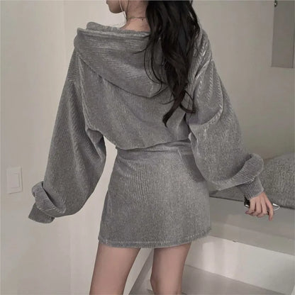 Korean CHic Corduroy Two-piece Skirt Sets Women Hoodie Crop Top Coats Bodycon Mini Skirt Autumn Winter New Outfits Casual Suit