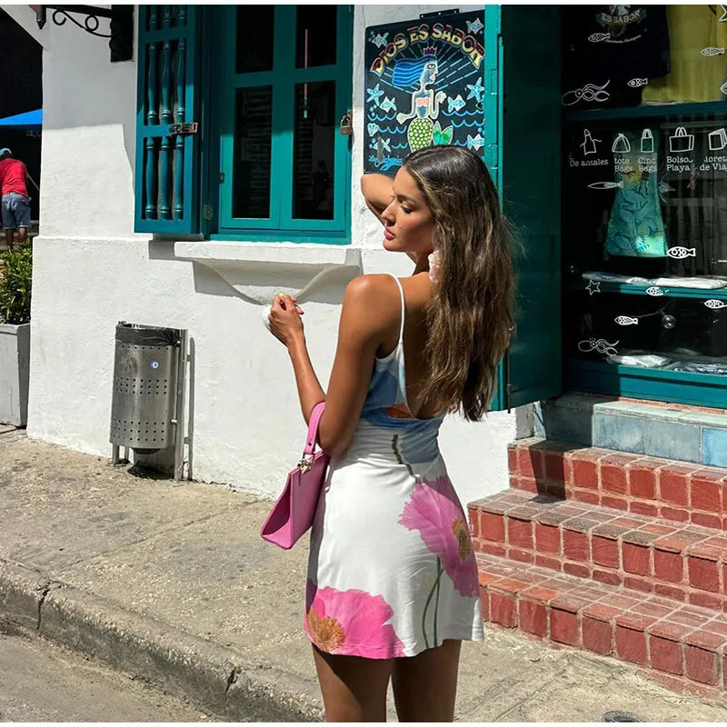 Fashion Flower Printed Women Sling Dress Elegant U-neck Backless Bodycon Dresses Summer Lady Chic Beach Vacation Robes 2024