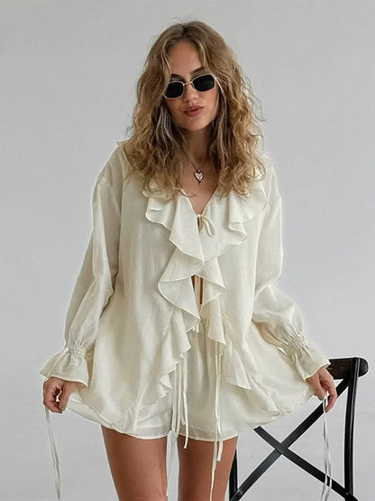 Ruffle Lace Up Chiffon Shorts Knit Set