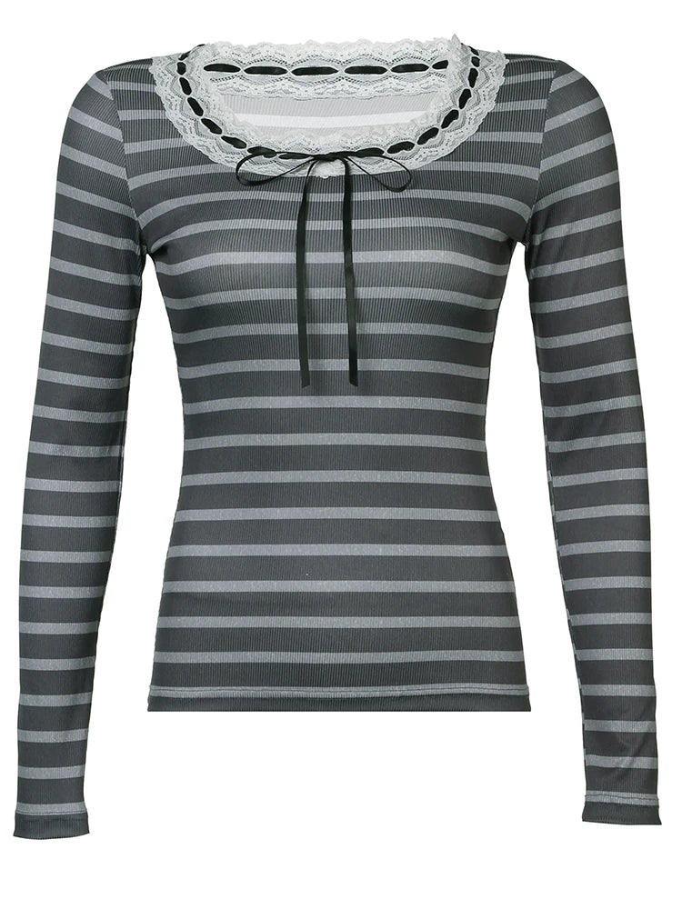 Slim Stripe Long Sleeve T Shirt Women Contrast Patchwork Lace Trim Tie O Neck Cute Y2K Kawaii Tee Basic Korean Clothes