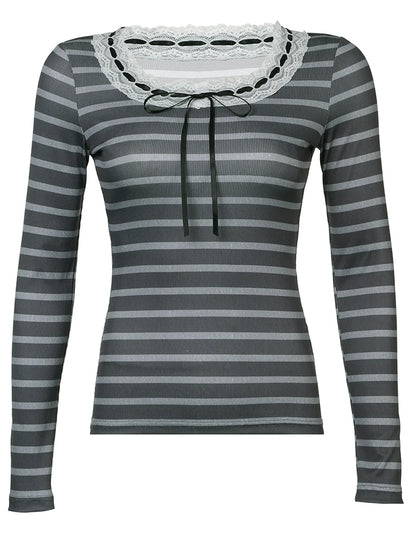 Slim Stripe Long Sleeve T Shirt Women Contrast Patchwork Lace Trim Tie O Neck Cute Y2K Kawaii Tee Basic Korean Clothes