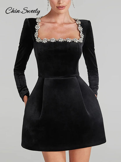 Elegant Rhinestone Decor Velvet Mini Dress Black Square Neck Long Sleeve High Waist A-line Dresses  Lady Evening Party Gown