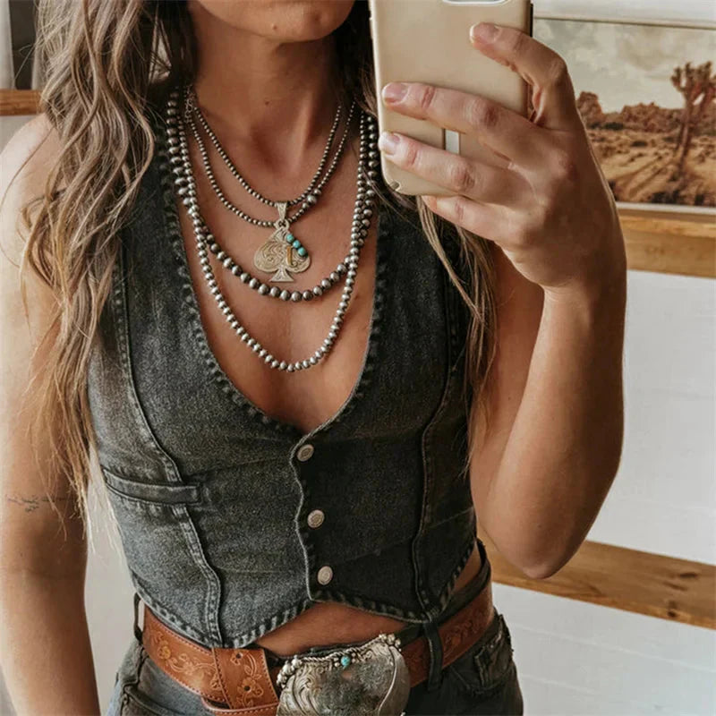 Denim Tank Tops for Solid Color V Neck Single Breasted Sleeveless Jeans Vest y2k Waistcoat Streetwear