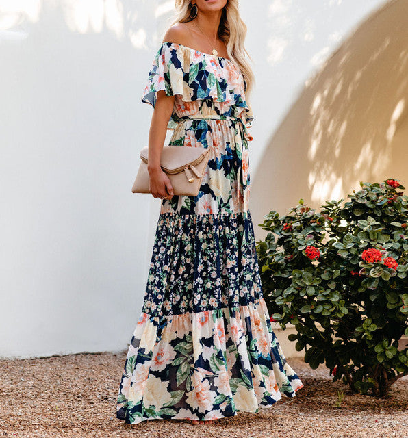 Flower Print Off Shoulder Long Dresses For Women Spring Summer New Fashion Temperament High Waist Leace-up Dress Female Vestidos