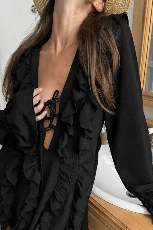 Lace-Up Pleated Long Sleeve A-Line Mini Dress