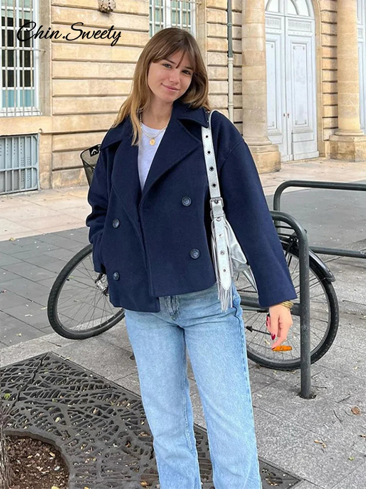 Loose Woolen Blends Coat Women Solid Lapel Double Breasted Pockets Jackets  Autumn Winter Fashion Lady Office Outwear New