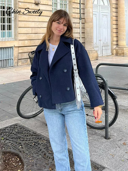 Loose Woolen Blends Coat Women Solid Lapel Double Breasted Pockets Jackets  Autumn Winter Fashion Lady Office Outwear New