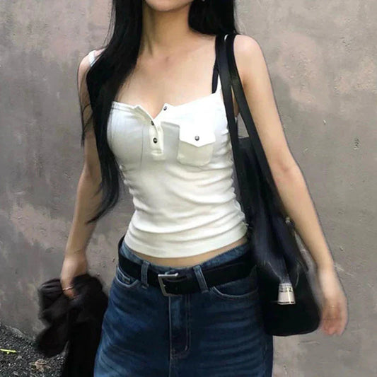 y2k Tops Solid Color Button Front Spaghetti Strap Sleeveless Camisole with Pocket Decor 2000s Vest Streetwear