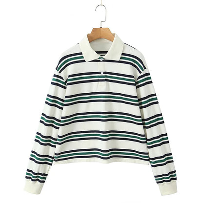 Vintage Stripe Basic Women's T-shirt Casual Long Sleeve Female All Match Polo Shirt Spring New Ladies Loose Tops High Street