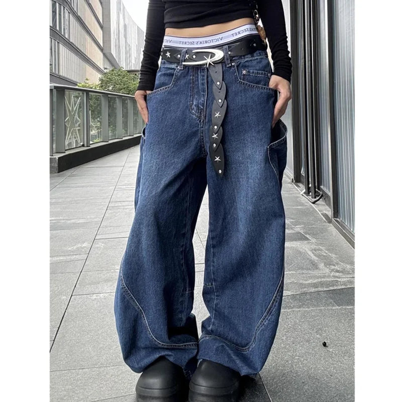 Blue Women's Jeans Hip-hop Fashion Vintage Streetwear Y2K Wide Leg Straight Jean High Waist Trouser Baggy Cargo Denim Pants