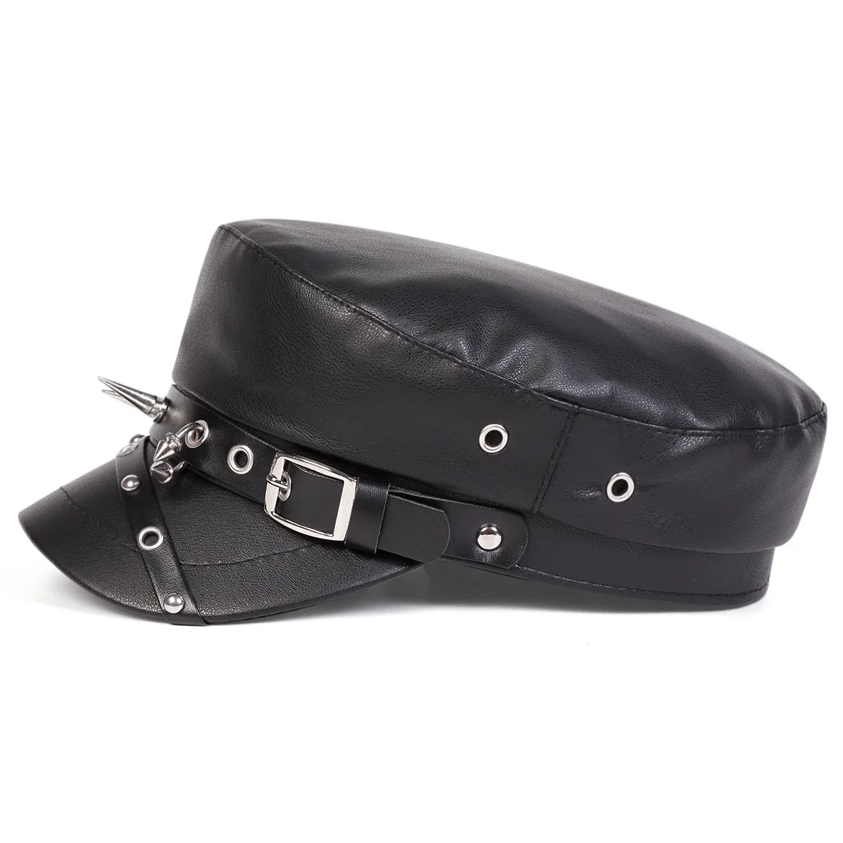 Unisex Punk Retro Military Rivet Buckle Leather Flat Top Beret Hat