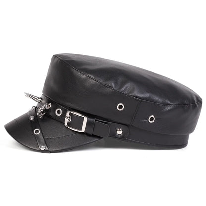 Unisex Punk Retro Military Rivet Buckle Leather Flat Top Beret Hat