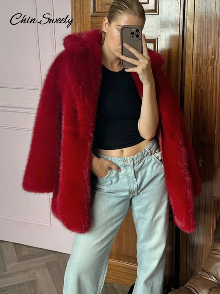 Luxury Women’s Red Faux Fur Long Overcoat Fleece Thick Warm Full Sleeve Lapel Cardigan Coat  Winter Fashion Loose Outerwear
