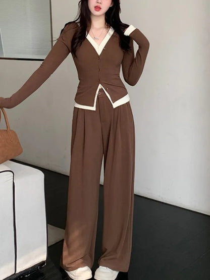 Autumn Casual Two-piece Pants Set Women Long Sleeves V-neck Single Breasted Top Wide Leg Pants Korean Fashion Outfits New