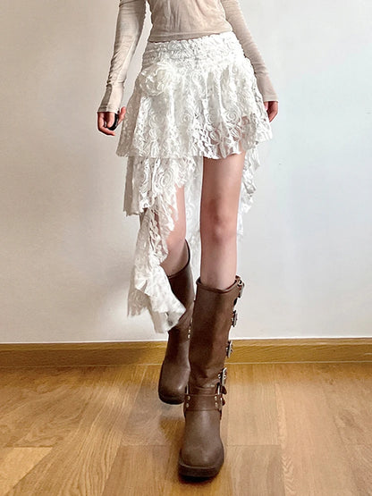 Summer Vacation Asymmetrical Lace Skirt Women Tie Flower Chic Boho Fashion