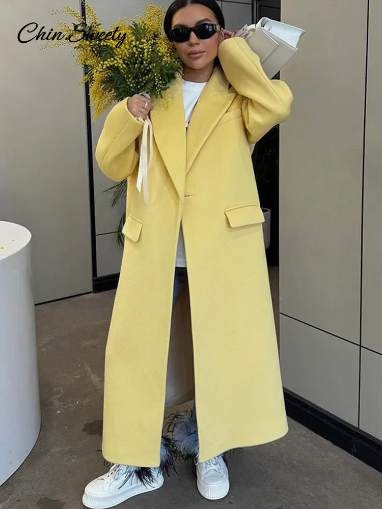 Fashion Woolen Long Coat Women  Autumn Full Sleeve Button Fake Pocket Split Yellow Overcoat Elegant Oversize New in Outwear