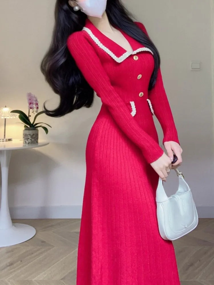 Autumn Winter Knitted Dresses for Women Turn-down Collar Korean Fashion A-line Casual Solid Dress Slim Vestidos Mujer  New