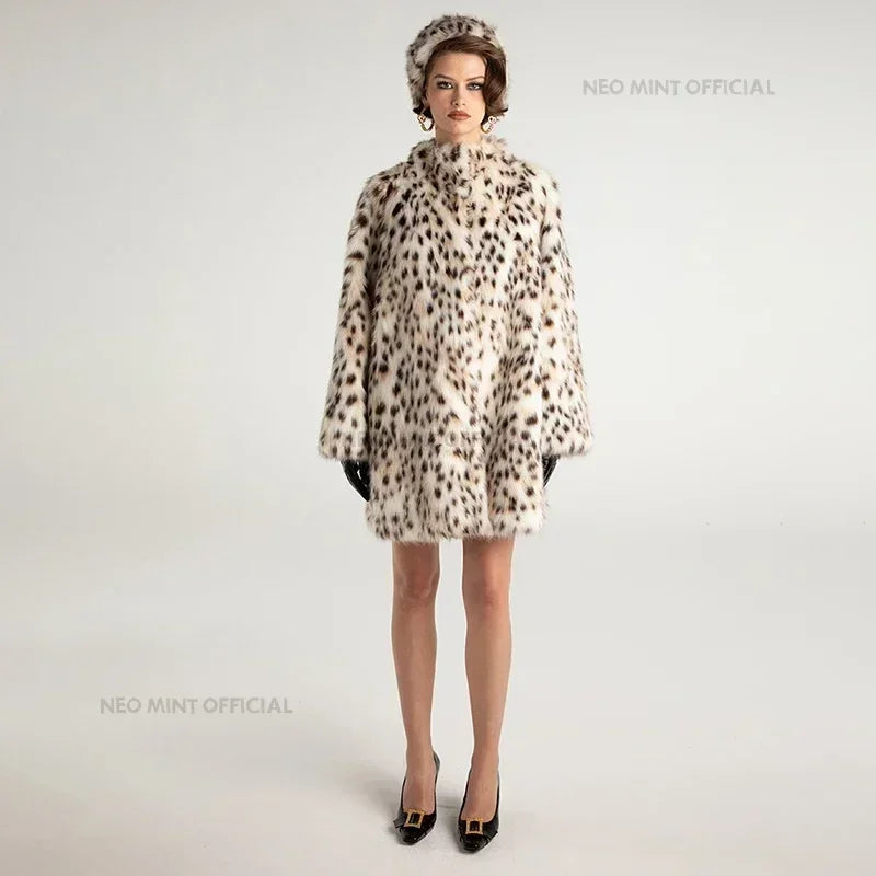 Winter Brown Leopard Fluffy Faux Fur Coat Women Luxury Stand Fur Collar Fox Fur Outerwear Jacket Female Overcoats