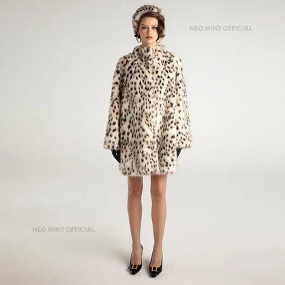 Winter Brown Leopard Fluffy Faux Fur Coat Women Luxury Stand Fur Collar Fox Fur Outerwear Jacket Female Overcoats