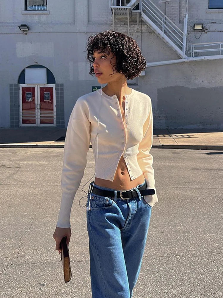 Casual Knitted Solid O-neck Cardigan Women Slim Fit Single-Breasted Pullover Sweaters Female Autumn Fashion Simple Street Tops