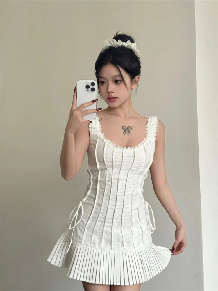 Elegant Pleated Short Dresses for Women Summer New Sleeveless Square Collar White Dress Korean Fashion Y2K One Piece Vestido